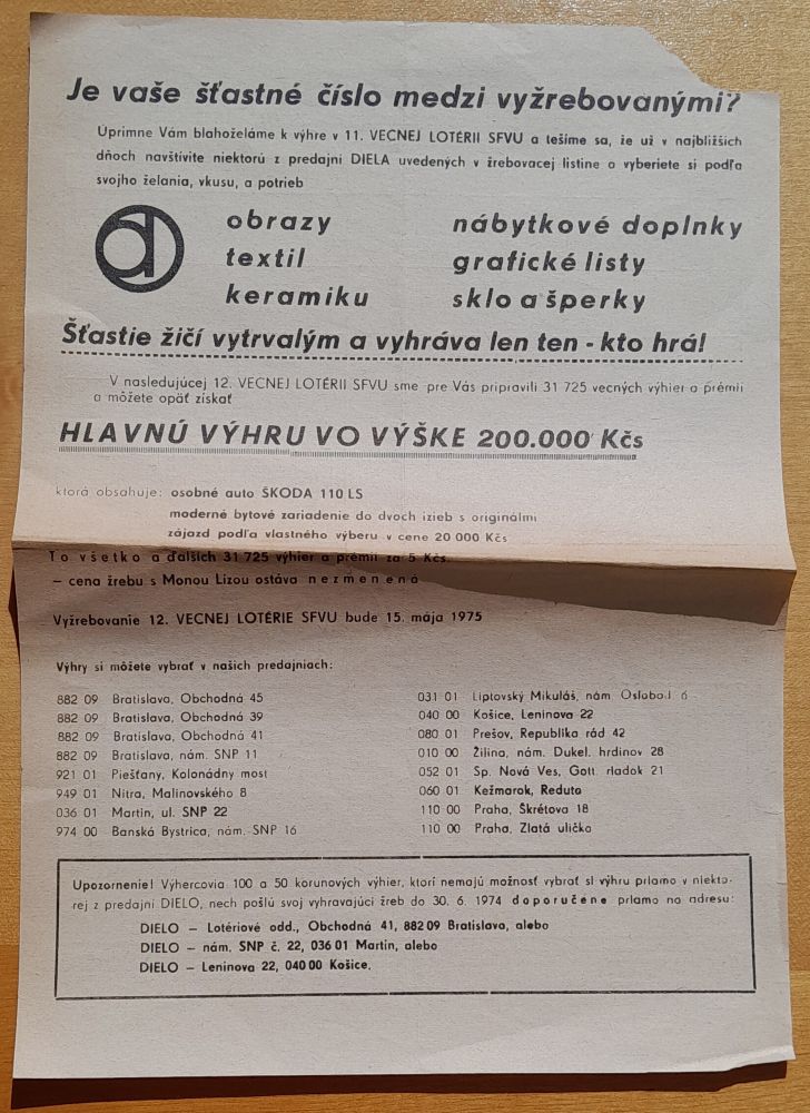 Žrebovacia listina 11. vecnej loterie Slovenského fondu výtvarných umení zo 16. mája 1974 v Bratislave