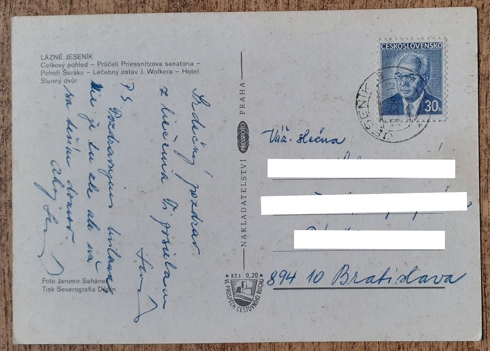 Lázně Jeseník - Prúčelí Priessnitzova sanatoria - Pohoří Šeráku - Léčebný ústav J. Wolkera - Hotel Slunný dvúr - 1976?