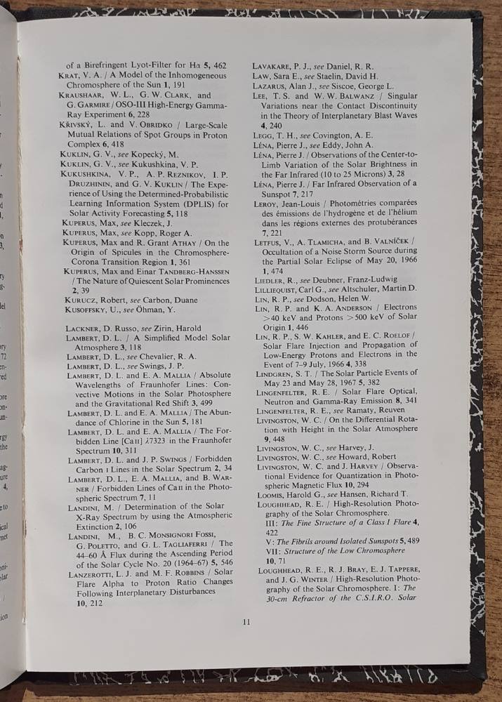 Solar physics / Index to volumes 1 - 10. (1967 - 1969)