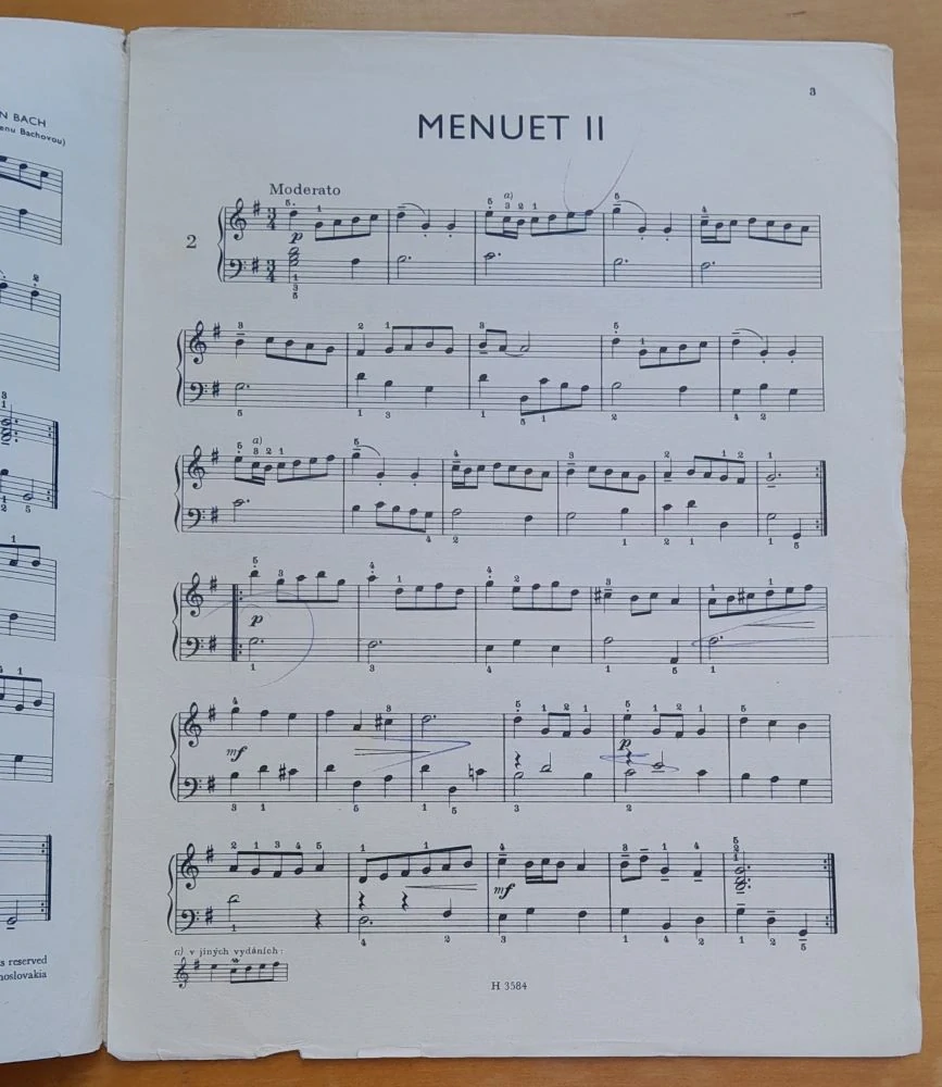 Čtyři klavírní skladbičky / Menuet 1 a 2 / Polonéza / Dudácká / 4.-5. třída