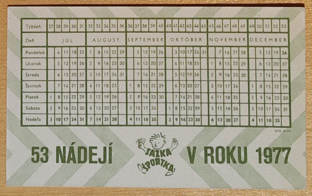 Kalendárik Sazka Športka 1977