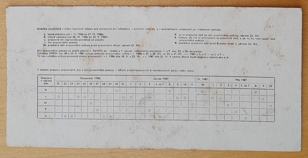 Kalendár pre obdobie cestovného poriadku 1986/1987 ČSD