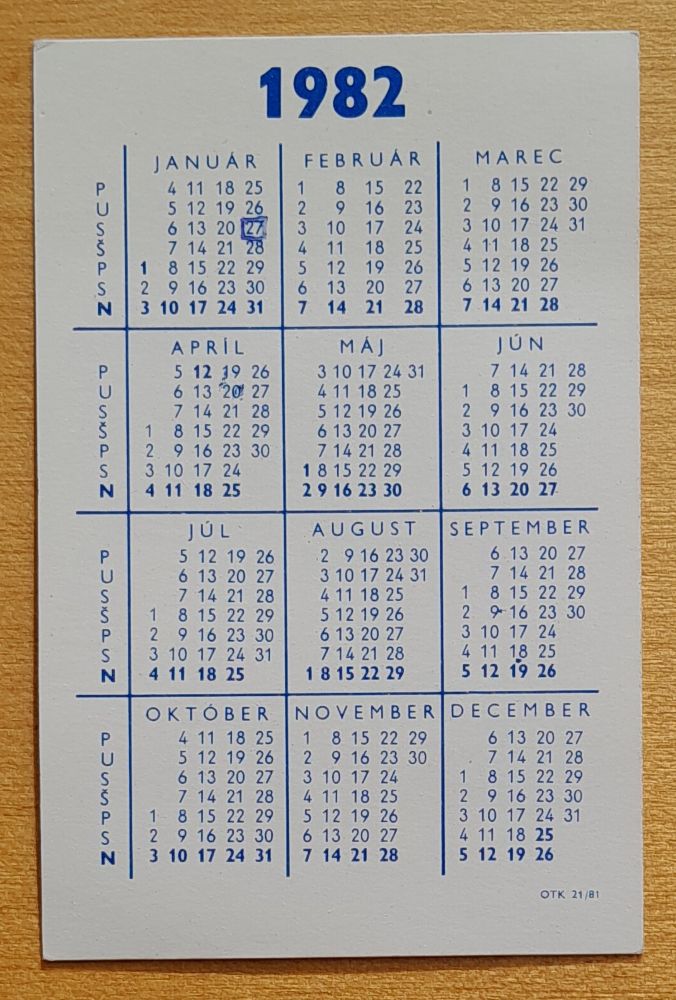Kalendárik Jednota 1982