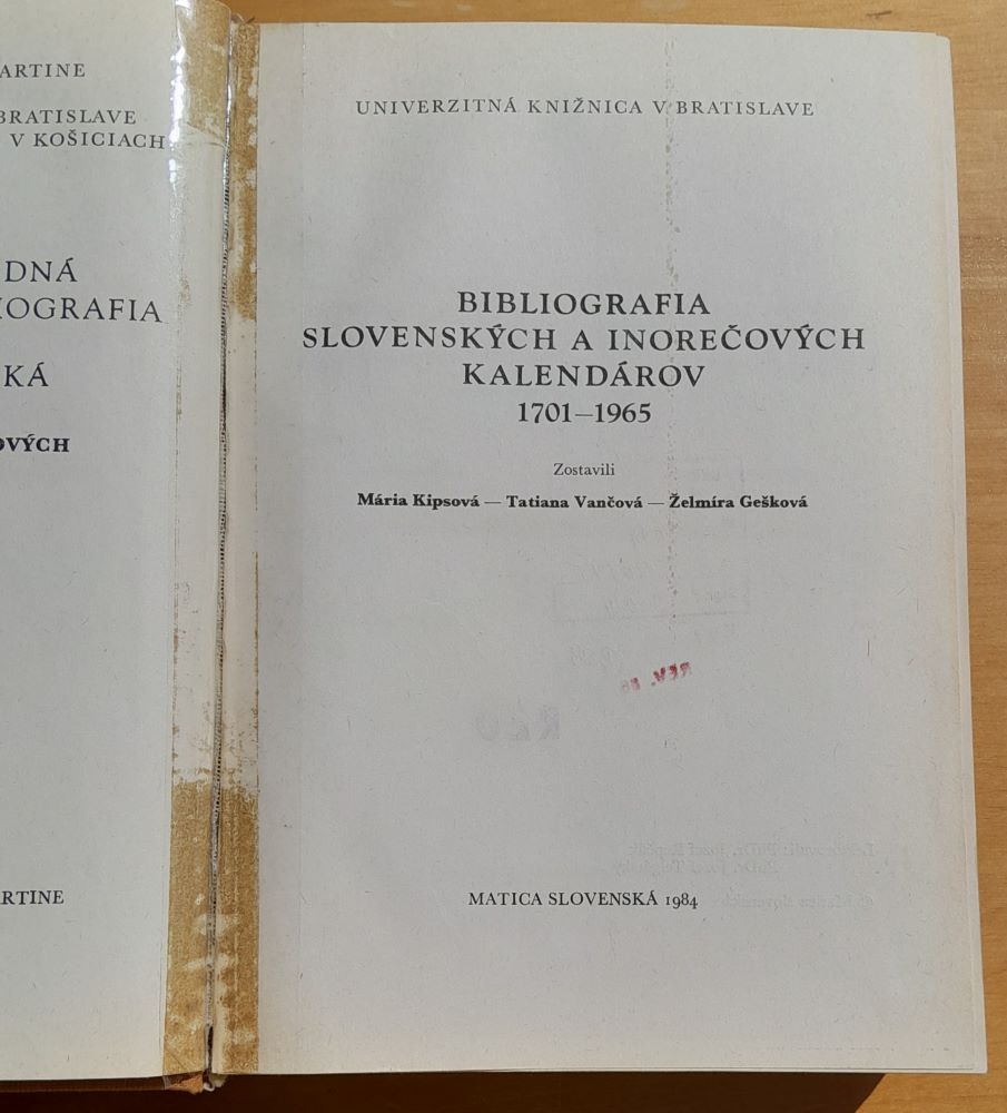 Bibliografia slovenských a inorečových kalendárov za roky 1701 - 1965