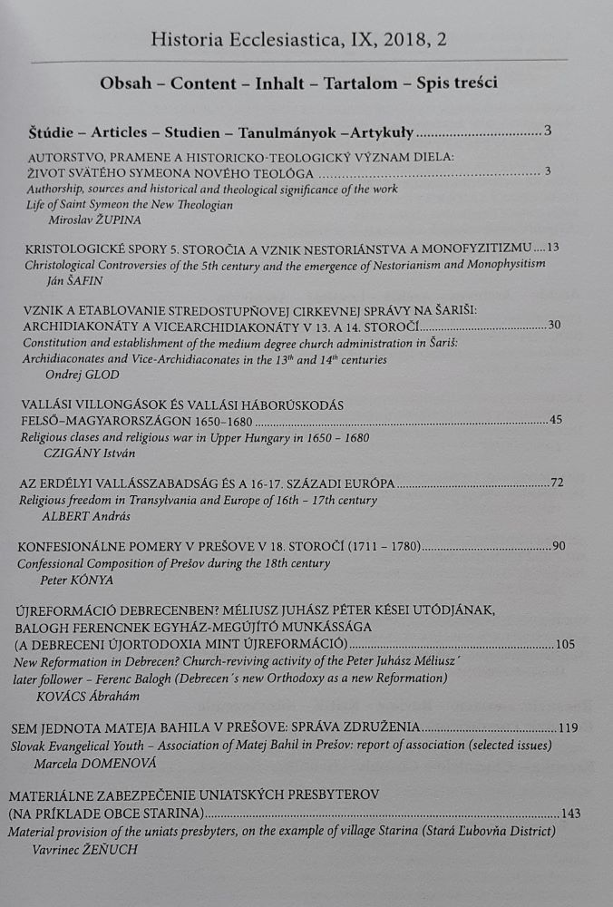 Historia Ecclesiastica / ročník IX. 2018 číslo 1. 2.