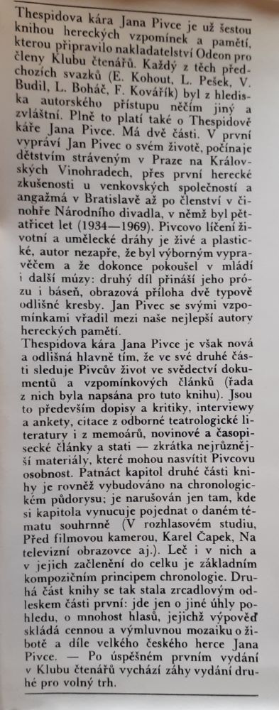 Thespidova kára Jana Pivce / Kniha hereckých vzpomínek a pamětí