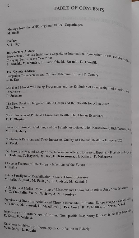 Proceedings / Health and quality of life in changing Europe in the year 2000