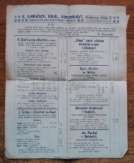 Reklamný leták K. Karásek, Královske Vinohrady - marec 1913