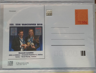 Korešpondenčný lístok - XXI. ZOH Vancouver 2010 - Slovenskí medailisti Anastasia Kuzminová a Pavol Hurajt