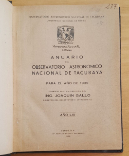 Anuario del Observatorio Astronomico Nacional de Tacubaya / Para el ano de 1939 / Ročenka astronomického observatória