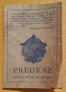 Preukaz nositeľa Fučíkovho odznaku - 1952