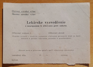 Lekárske vysvedčenie o nepripustení k očkovaniu proti záškrtu