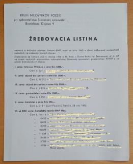 Žrebovacia listina / Kruh milovníkov poézie / 1966