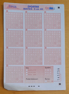 Tipos - Športka - Mates 5 zo 40 - čistý tiket