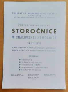 Pozvánka na oslavy Storočnice Michalovskej nemocnice 10.XII. 1976