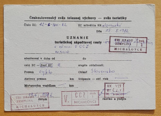 Uznanie turistickej zápočtovej cesty - 1982